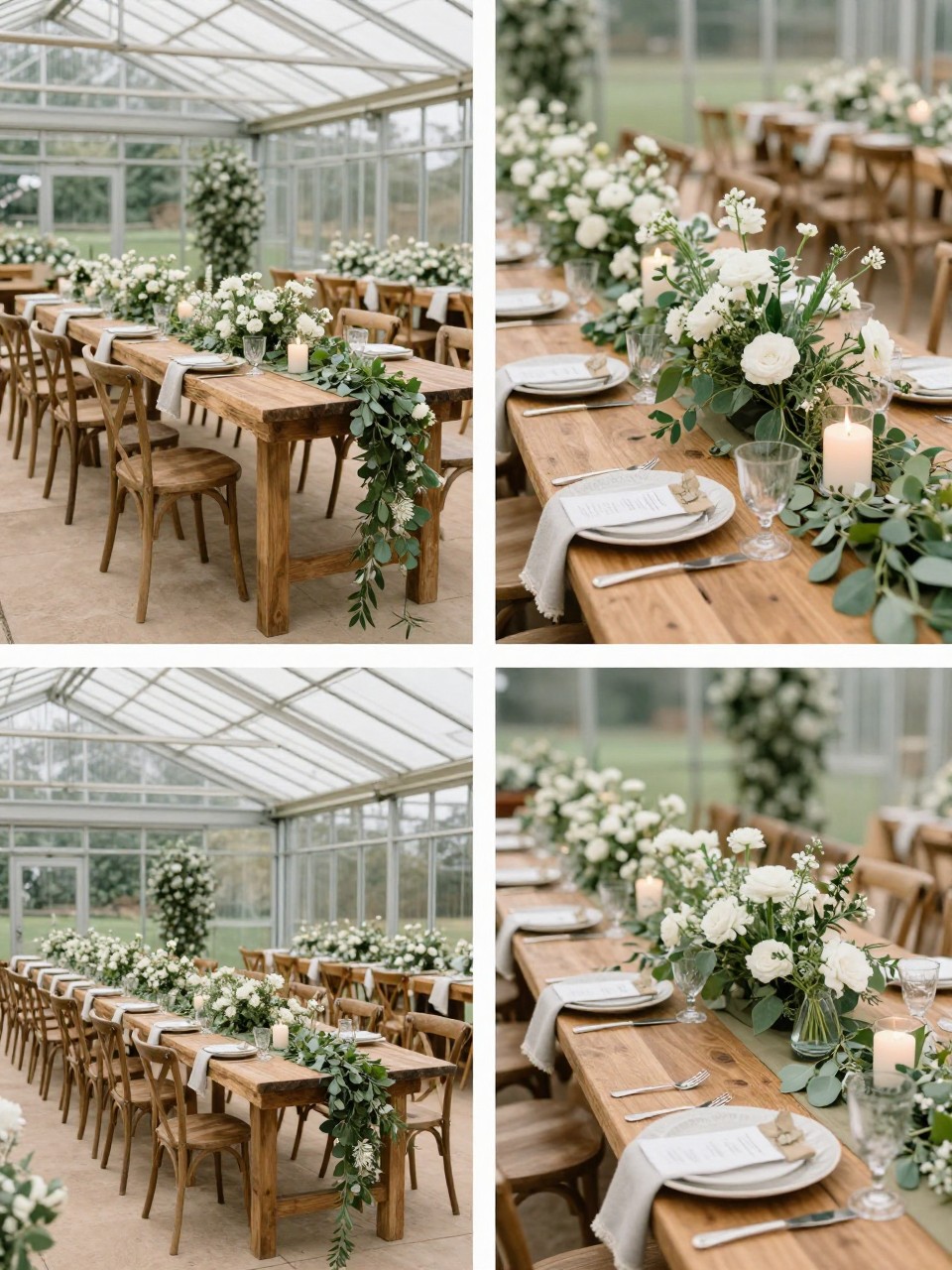 A professional 4-grid wedding decor collage showing long farm tables with garden-style runners inside a glass greenhouse wedding, top-left image featuring wooden reception tables with loose greenery runners, white flowers, candles, and soft linen napkins, top-right image showing close-up table styling with garden flowers and candlelight, bottom-left image showing the full greenhouse dining layout with long tables, bottom-right image showing place settings with natural textures and floral touches, editorial wedding styling, no people, no faces, no watermarks on images.