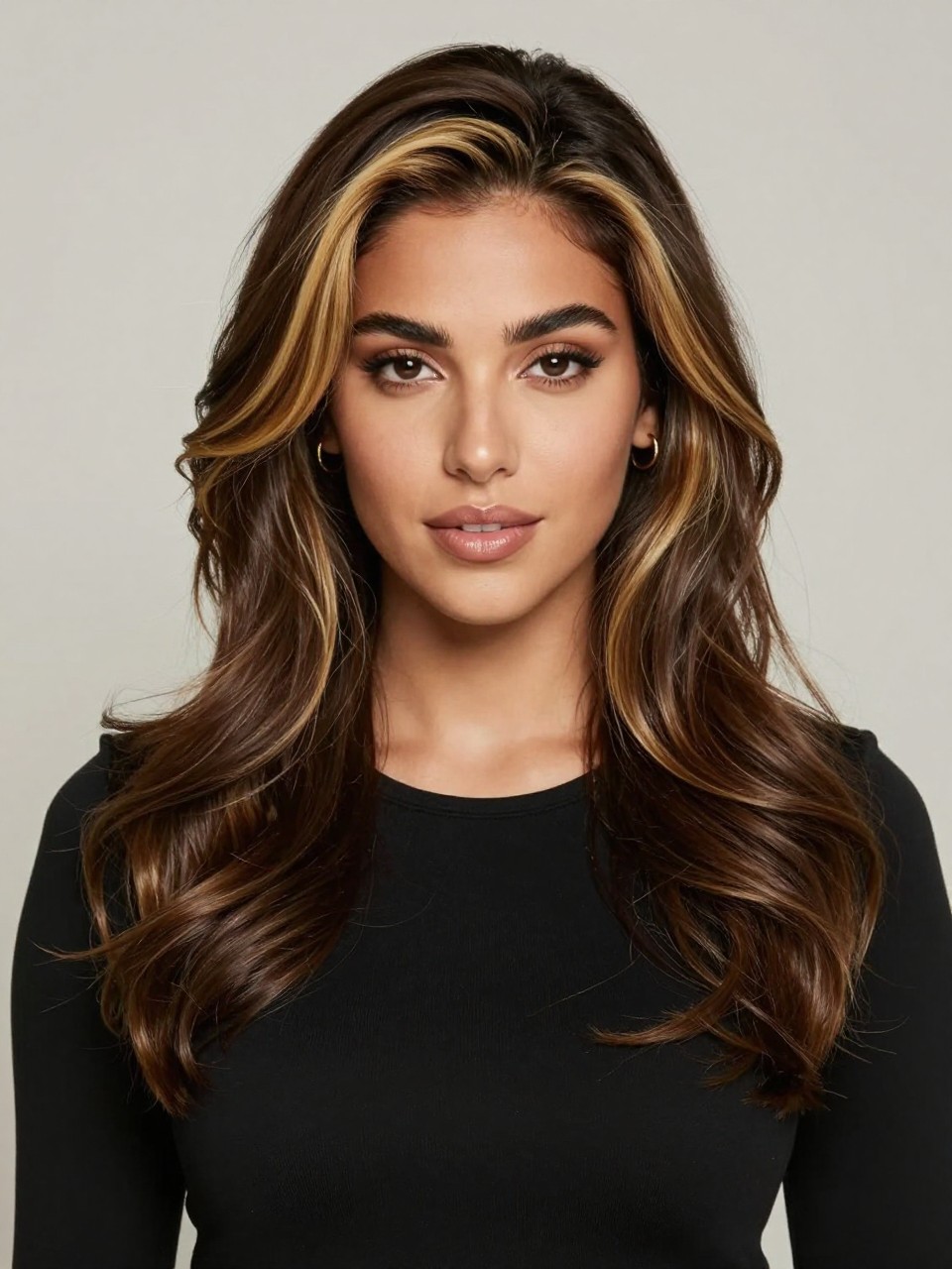 Image Prompt: A stylish woman with neutral skin tone and dark brown wavy hair with golden brown money piece highlights, warm golden front sections framing the face, rich dark base, soft waves with shine, natural glam makeup, glossy lips, small gold earrings, fitted black top, clean neutral studio background, close-up beauty portrait, realistic DSLR photo, clear face-framing color detail, no text, (no watermarks on images)