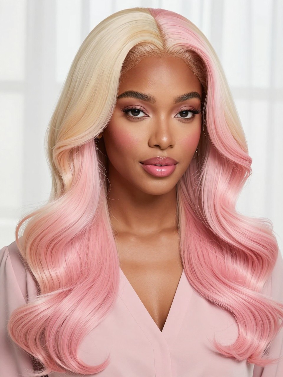 Image Prompt: A pretty BLACK woman with long two tone split hair, one side soft platinum blonde and the other side pastel pink, center part, loose glossy waves, fair to medium skin tone, fresh rosy makeup, glossy pink lips, delicate earrings, blush blouse, bright airy studio background, soft daylight lighting, realistic DSLR beauty editorial portrait, detailed pastel color contrast and smooth hair texture, no text, (no watermarks on images)