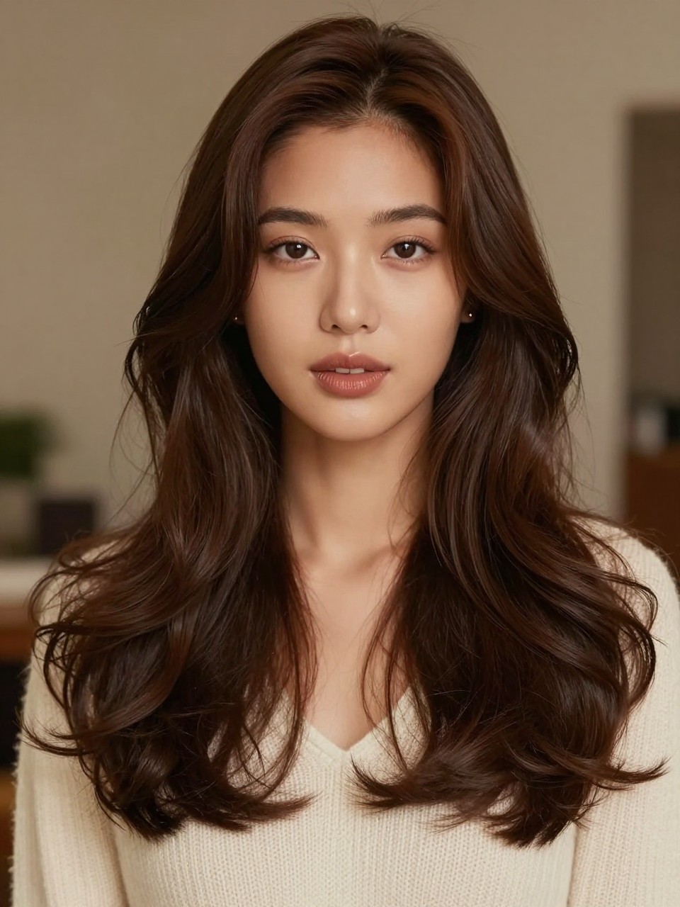 Image Prompt: A gorgeous Asian woman with tan skin and long mocha brown hair, rich coffee-brown shade with soft neutral undertones, side part, smooth loose curls, soft matte makeup, glossy nude lips, small gold studs, ivory knit top, cozy indoor background, soft warm lighting, realistic DSLR beauty portrait, detailed mocha brunette shine and curl movement, no text, (no watermarks on images)