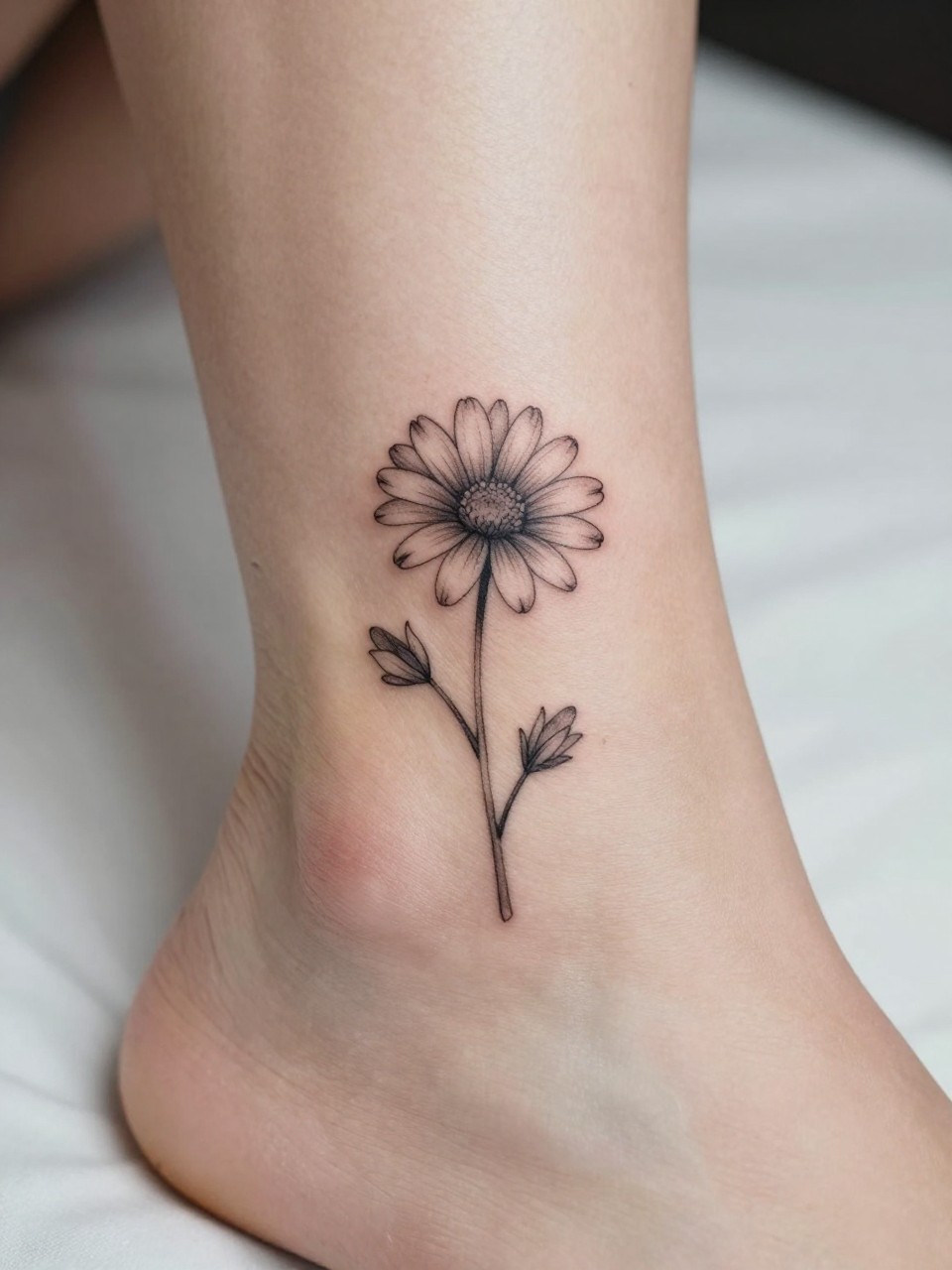 Image Prompt: "Macro shot of a minimalist daisy tattoo on the ankle, black ink fine line floral design with tiny open petals and very subtle shading, realistic skin texture, neutral pedicure, soft bedding in the background, design-first composition, modern feminine tattoo inspiration photo, tattoo clearly in focus (no watermarks on images)"