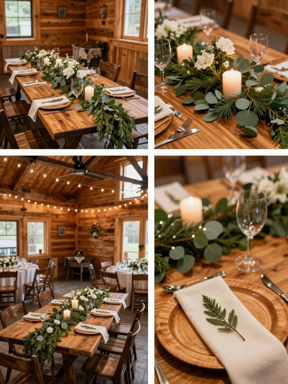 A professional 4-grid wedding decor collage showing cabin wedding reception tables with woodland greenery, top-left image featuring long wooden tables with greenery runners, white flowers, candles, and linen napkins, top-right image showing close-up eucalyptus, pine, and candle details on a wood table, bottom-left image showing the reception space inside a cabin with string lights and rustic chairs, bottom-right image showing a place setting with a wood charger, cream napkin, and small greenery sprig, warm cabin wedding decor, no people, no faces, no watermarks on images.