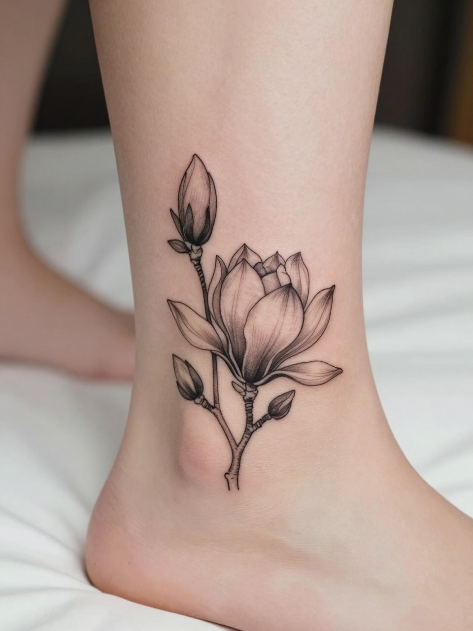 Image Prompt: "Macro shot of a minimalist magnolia tattoo on the ankle, black ink fine line floral design with tiny broad petals and very subtle shading, realistic skin texture, neutral pedicure, soft bedding in the background, design-first composition, modern feminine tattoo inspiration photo, tattoo clearly in focus (no watermarks on images)"