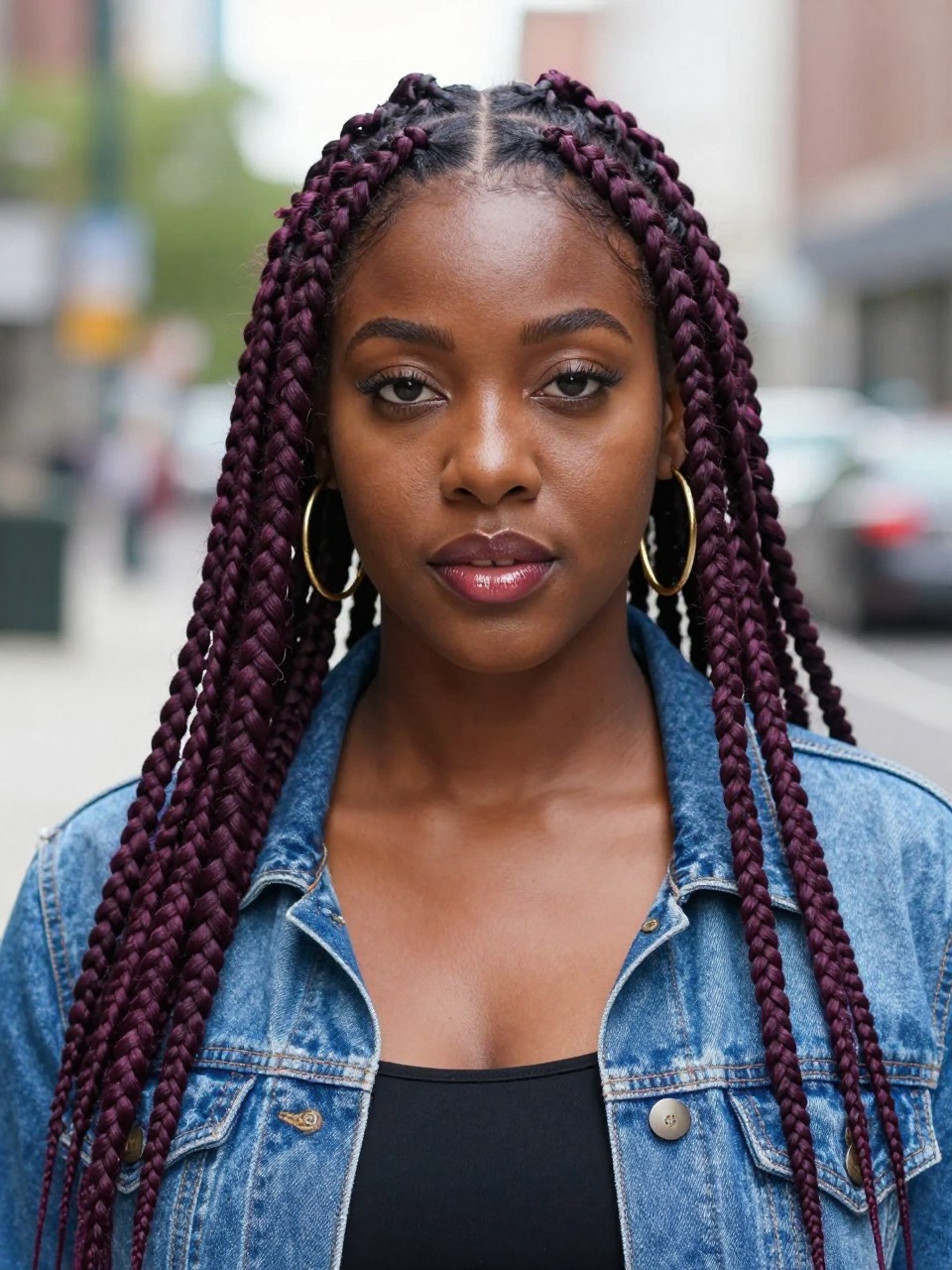 Image Prompt: A fashionable Black woman wearing waist-length plum box braids, neat square parts, smooth finished braids with dark purple-red shine, softly styled baby hairs, medium-deep brown skin, berry-toned lip gloss, gold hoop earrings, denim jacket over a black top, outdoor city background softly blurred, natural daylight, realistic lifestyle beauty portrait, detailed braid texture and scalp neatness, no text, (no watermarks on images)