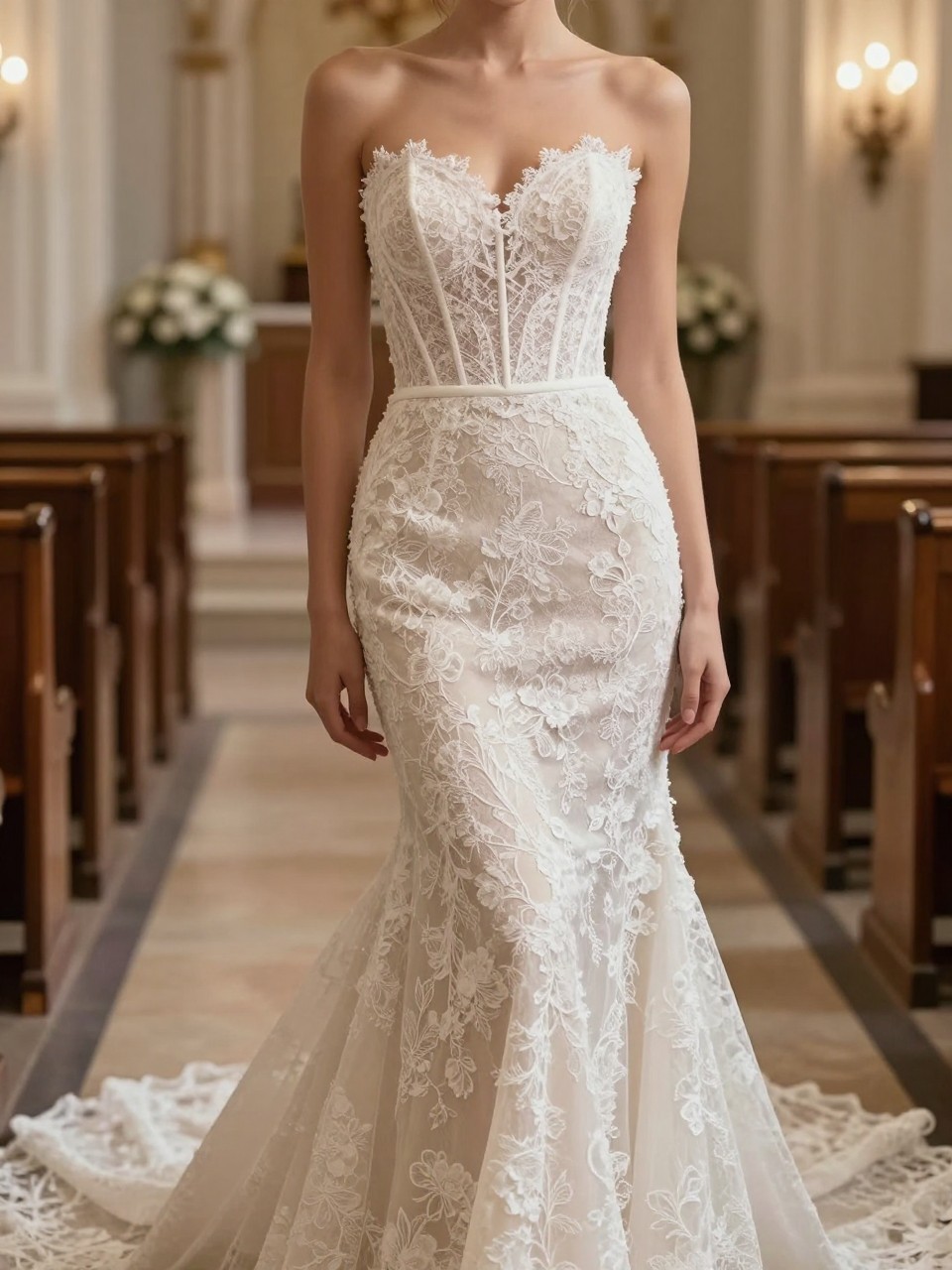 Image Prompt: A luxury bridal editorial image of a lace drop waist corset wedding dress in a softly lit church aisle or romantic bridal suite. Show the bride cropped from the neck down or from behind with the face fully hidden. The gown has a structured corset bodice covered in delicate floral lace, a lowered waistline, soft boning detail, and a flowing skirt with a graceful train. Use warm natural light, realistic lace texture, refined bridal styling, premium wedding magazine quality, no visible face, no text, no watermark. (no watermarks on images)