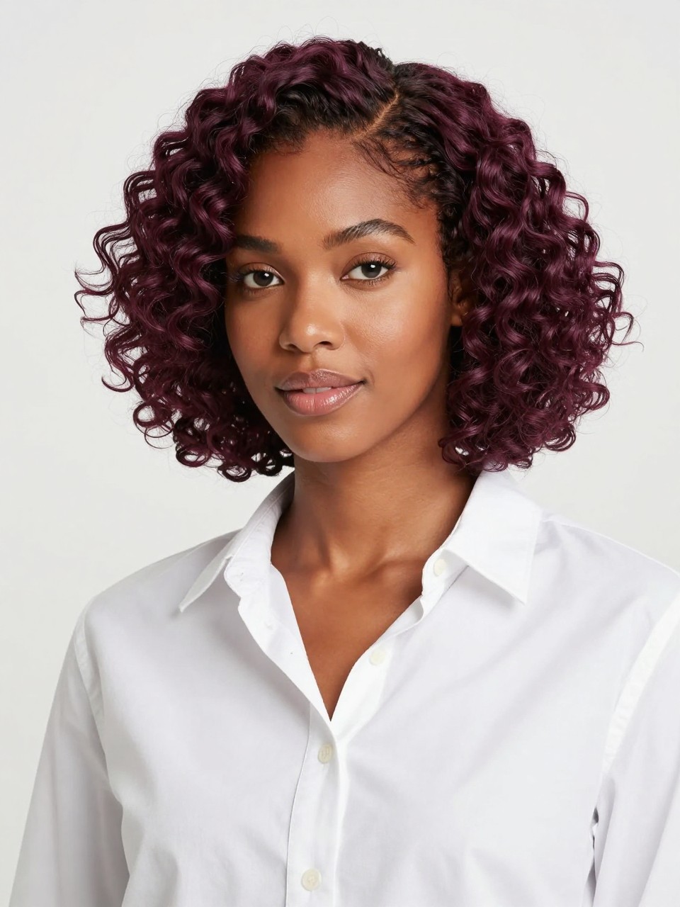 Image Prompt: A pretty Black woman with a chin-length curly bob dyed rich plum, springy defined curls, rounded bob shape with soft volume, side part, warm brown skin, fresh natural makeup, glossy lips, white button-up shirt, bright clean studio background, soft flattering lighting, realistic beauty editorial photography, detailed curl definition and plum shine, no text, (no watermarks on images)