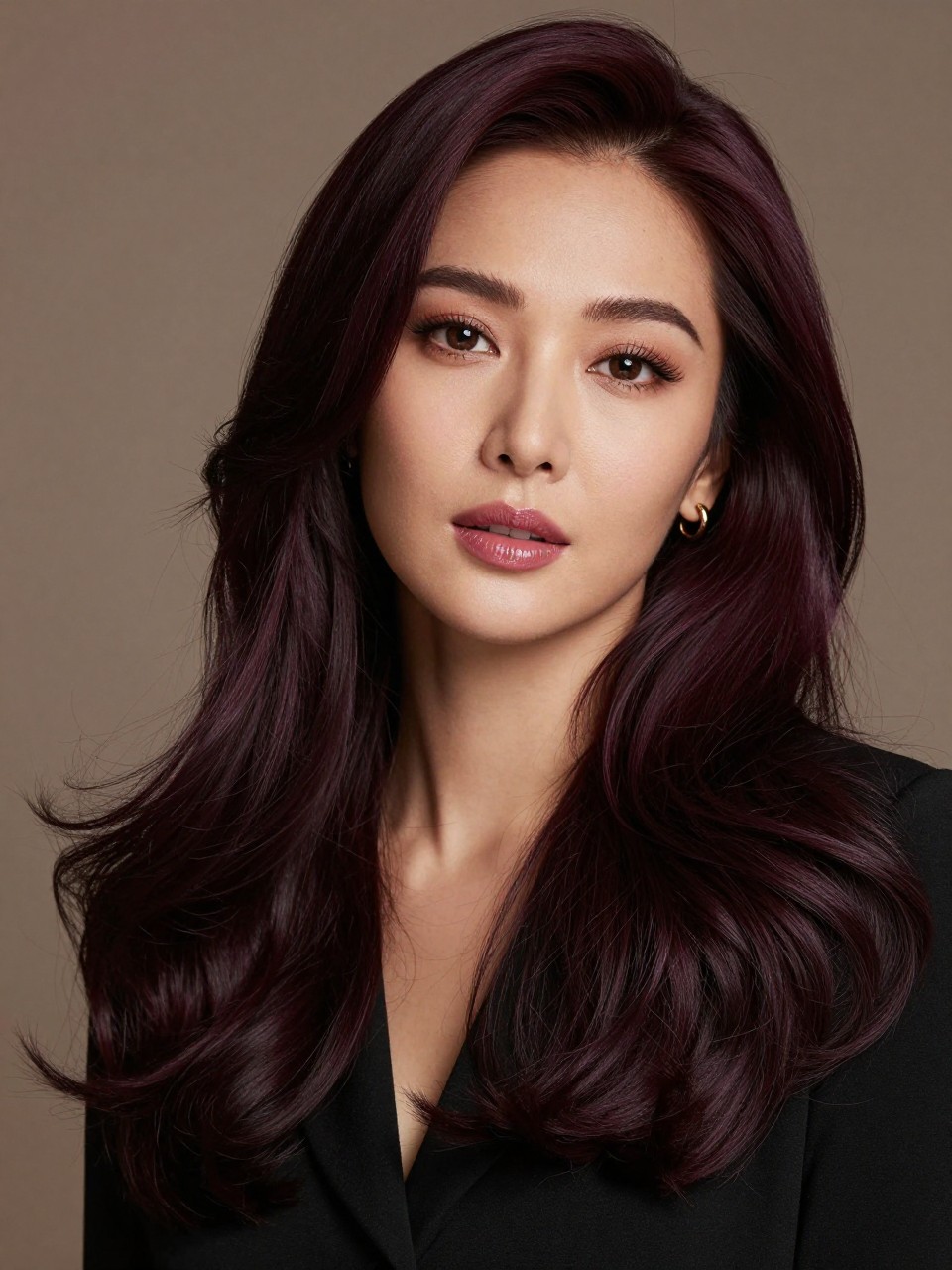 Image Prompt: A stunning Asian woman with tan skin and long dark plum brown hair, deep brown base with soft plum-purple undertones, loose polished waves, berry-toned makeup, glossy lips, small gold earrings, black blouse, clean moody studio background, soft warm lighting, realistic DSLR beauty editorial portrait, detailed plum brunette depth and shine, no text, (no watermarks on images)