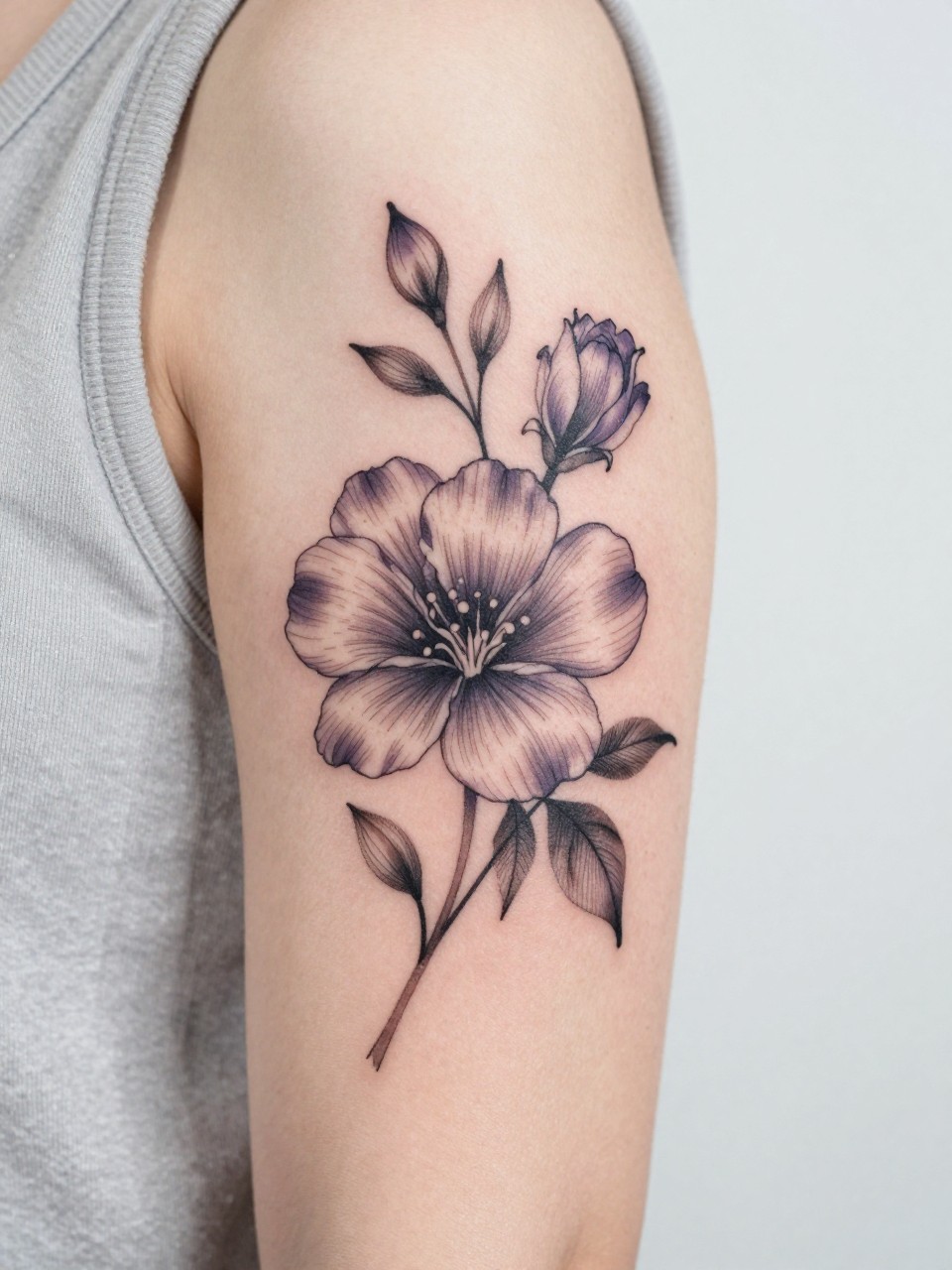 Image Prompt: "Close-up of a Violet on the Inner Bicep, black ink floral design with fine line rounded petals and soft grey shading, medium-size composition, realistic skin texture, sleeveless blouse edge softly visible, modern feminine tattoo inspiration image, minimal clean background, tattoo dominates the image (no watermarks on images)"