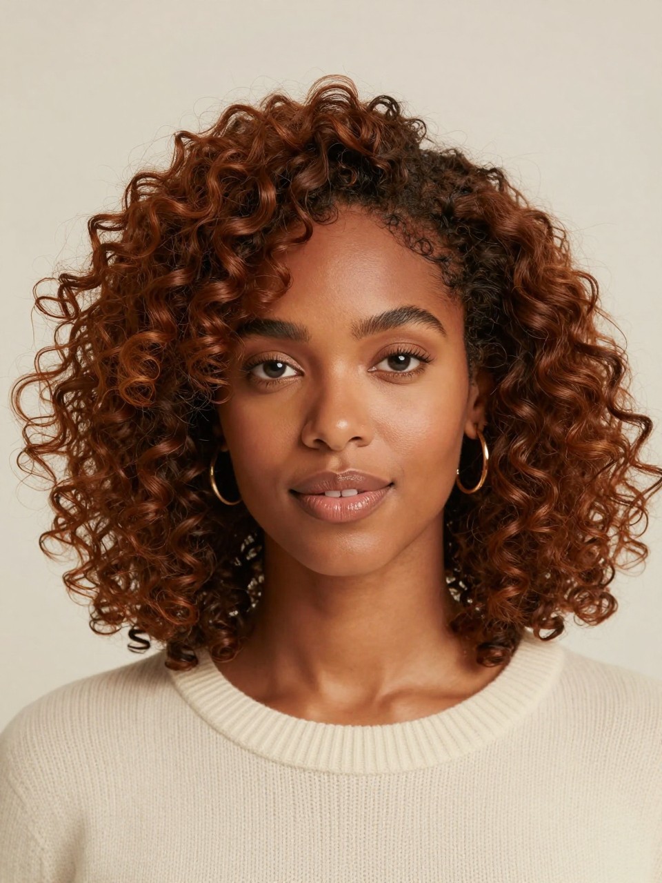 Image Prompt: A beautiful Black woman with shoulder-length natural curls dyed soft cinnamon brown, defined spiral curls with healthy shine, warm medium-brown skin, soft natural makeup, glossy nude lips, small gold hoop earrings, cream knit top, clean neutral studio background, soft diffused lighting, close-up beauty editorial portrait, realistic DSLR photo, detailed curl texture, warm cozy color tones, no text, (no watermarks on images)