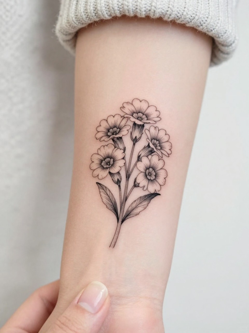 Image Prompt: "Extreme close-up of a small primrose bouquet tattoo on the forearm, black ink fine line floral design with multiple delicate blooms, soft shading, elegant stem arrangement, realistic skin texture, neutral manicure, soft knit fabric slightly visible, design-focused tattoo inspiration photo, clean minimal background (no watermarks on images)"