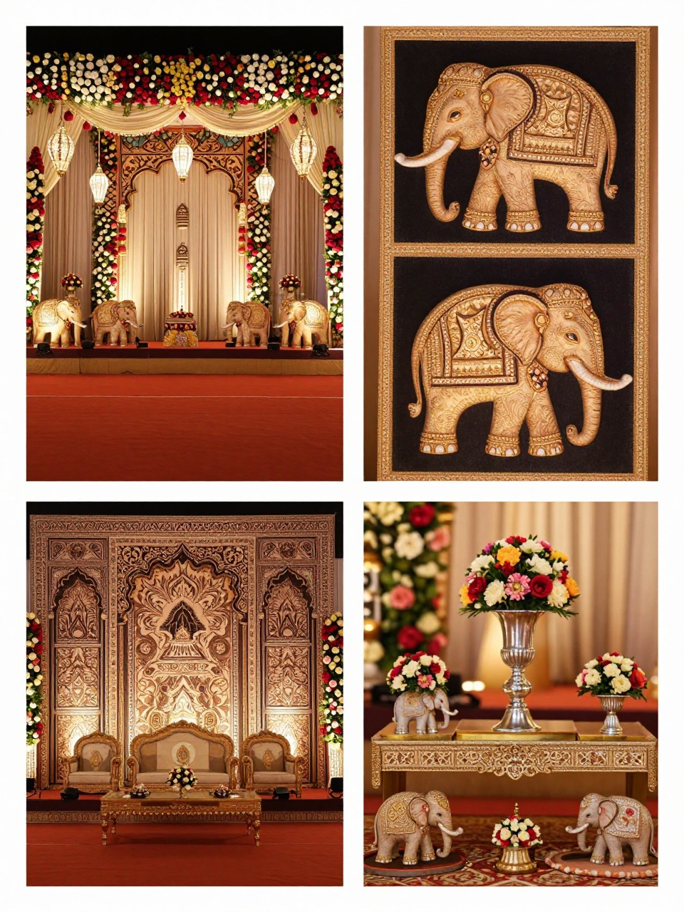 A professional 4-grid wedding decor collage showing royal Indian wedding decor with elephant motifs, top-left image featuring an entrance display with decorative elephant figures, florals, and lanterns, top-right image showing close-up elephant motif details on signage or panels, bottom-left image showing a seating or stage area with regal patterned backdrops, bottom-right image showing styled tabletop decor with miniature elephant accents and flowers, luxurious Indian wedding design, no faces, no watermarks on images.