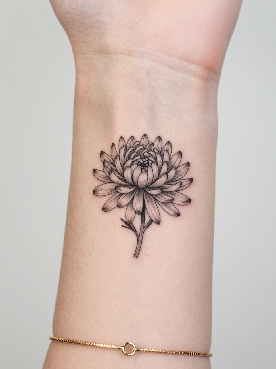 Image Prompt: "Macro shot of a tiny chrysanthemum flower tattoo on the inner wrist, black ink fine line floral design with delicate thin petals and light shading, minimalist style, realistic skin texture, delicate gold bracelet, tight crop, feminine tattoo inspiration image, clean minimal background, tattoo-centered composition (no watermarks on images)"