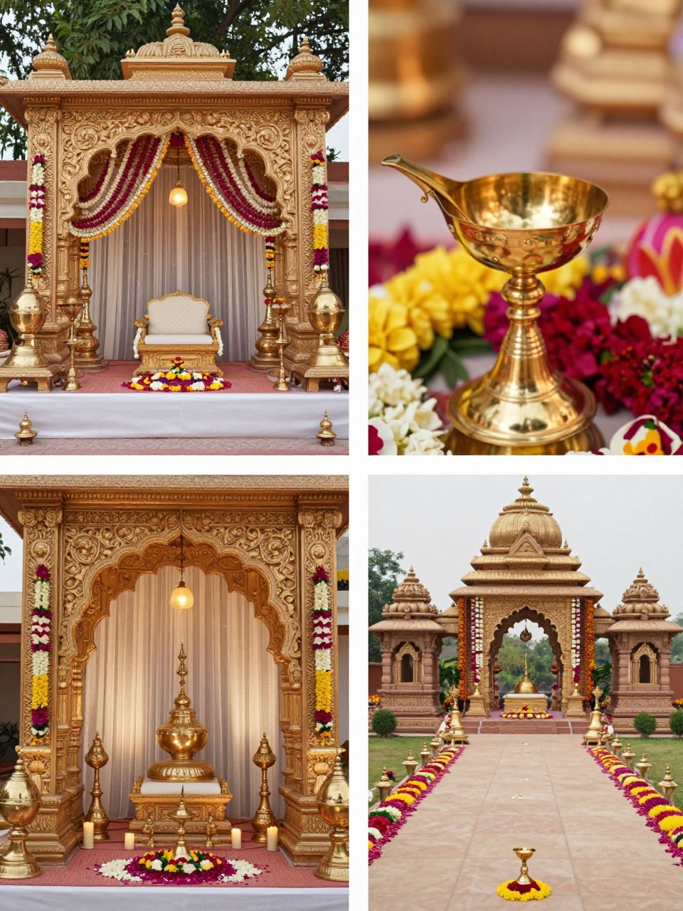 A professional 4-grid wedding decor collage showing royal Indian wedding decor with brass and temple-inspired accents, top-left image featuring brass lamps, temple bells, floral garlands, and carved decor styling at a wedding entrance or stage, top-right image showing close-up polished brass lamp details and flowers, bottom-left image showing a mandap corner styled with traditional brass pieces and candles, bottom-right image showing a pathway with temple-style accents and petals, refined Indian wedding decor, no faces, no watermarks on images.