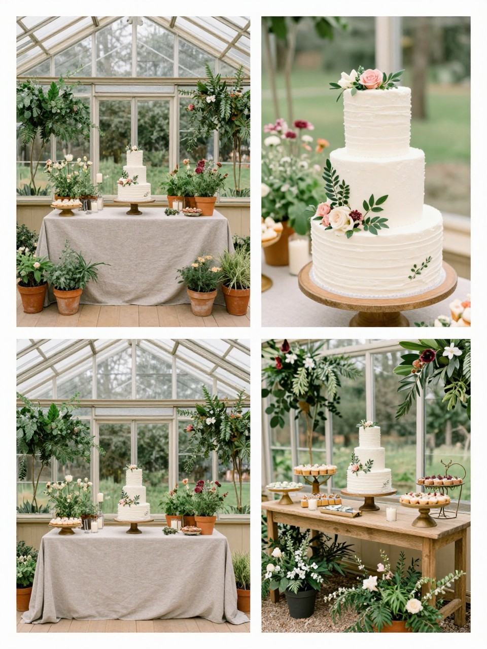 A professional 4-grid wedding decor collage showing a greenhouse wedding cake table styled with potted plants, top-left image featuring a wedding cake on a table surrounded by potted herbs, flowers, candles, and soft linen inside a glass greenhouse, top-right image showing close-up cake styling with floral and plant details, bottom-left image showing the full cake table placed against the greenhouse windows, bottom-right image showing a nearby dessert table with matching botanical decor, refined wedding styling, no people, no faces, no watermarks on images.