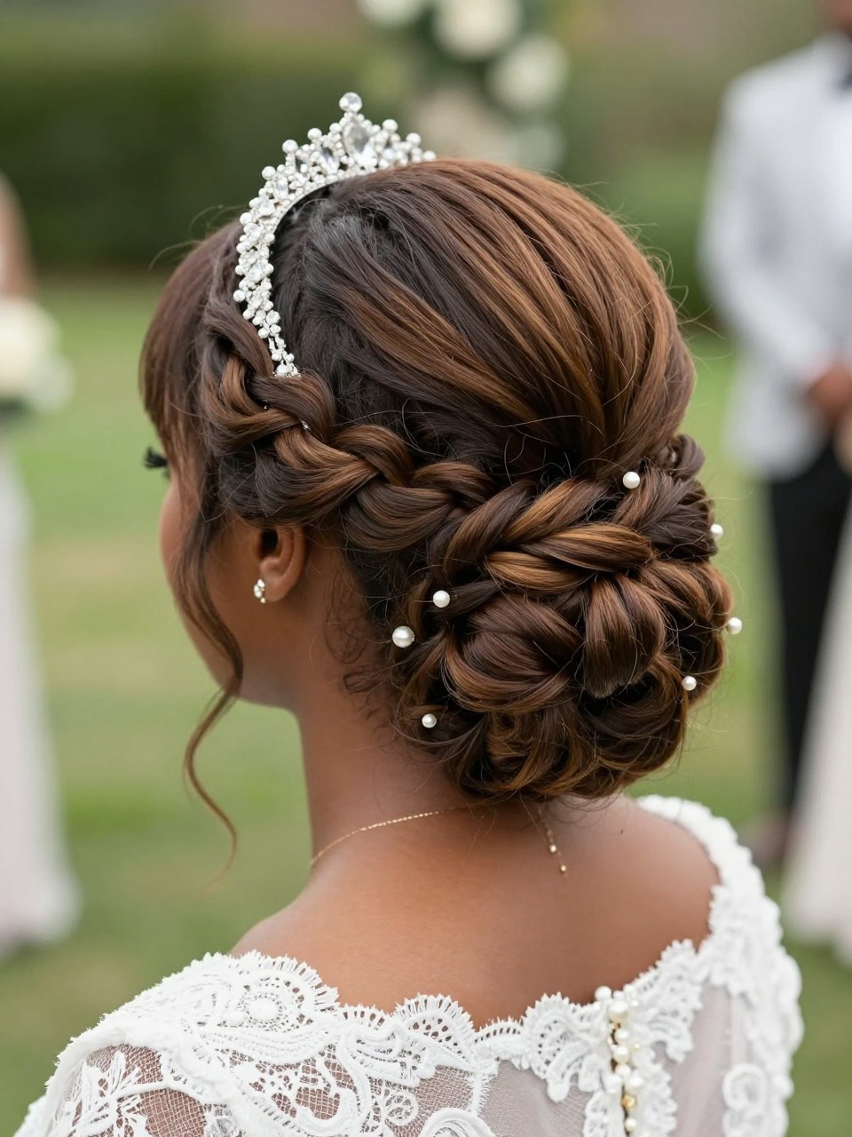 A realistic of a black woman bridal hair image from the back showing a braided crown wrapped into a soft updo, a slim crystal tiara placed above the braid, medium brown hair with soft highlights, tiny pearl pins tucked into the braid, lace wedding dress neckline, garden ceremony background softly blurred, natural daylight, no text, no watermark, no watermarks on images.
