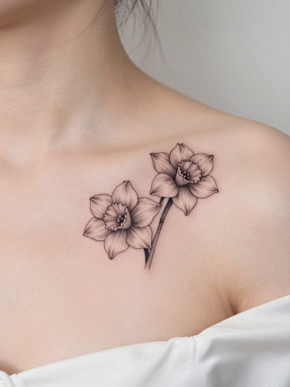 Image Prompt: "Close-up of two tiny narcissus tattoos along the collarbone, black ink fine line floral design with soft layered petals and light shading, realistic skin texture, satin blouse neckline barely visible, feminine clean composition, close-up tattoo visibility, soft minimal background, tattoo is the clear main subject (no watermarks on images)"