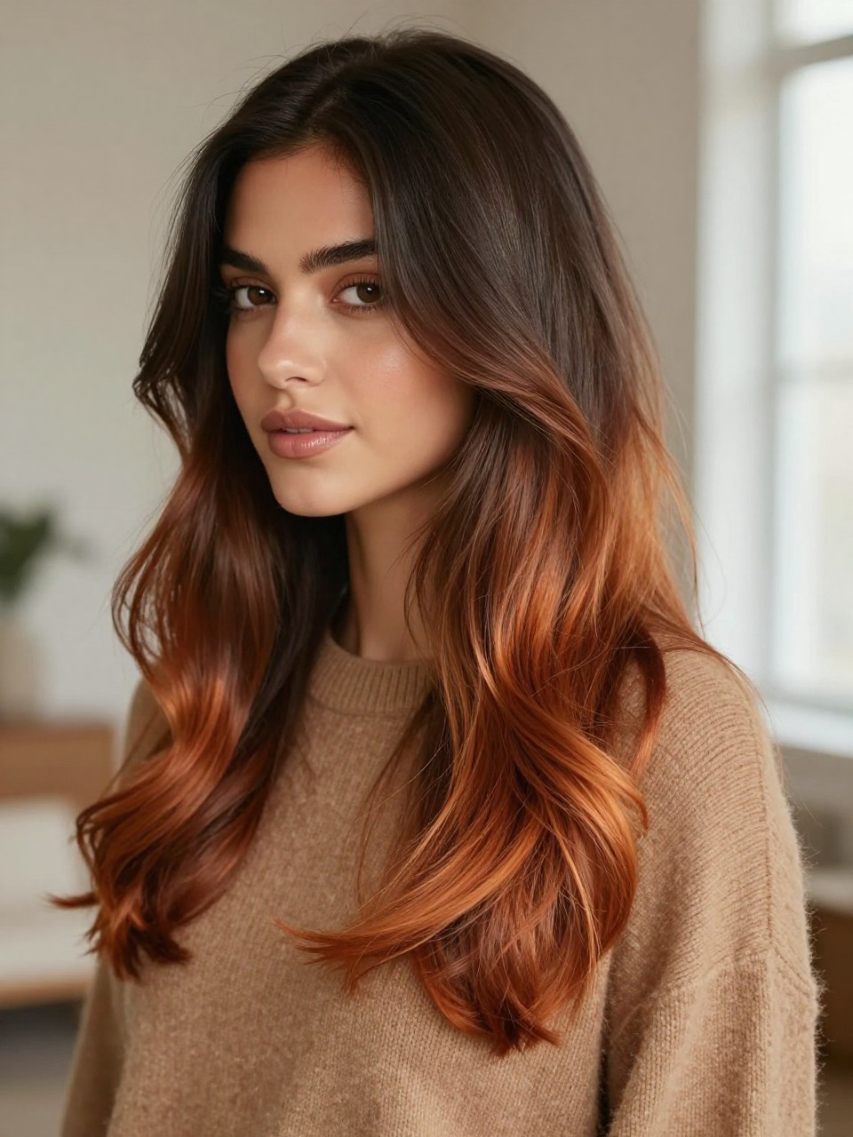 Image Prompt: A gorgeous woman with long dark brown hair fading into copper fox tail ombré, glossy espresso brown roots and mid-lengths blending into warm copper and orange-gold ends, soft loose waves, warm brown skin, bronzed makeup, nude gloss, camel sweater, cozy indoor background, soft natural window light, realistic beauty editorial photo, smooth color transition, no text, (no watermarks on images)