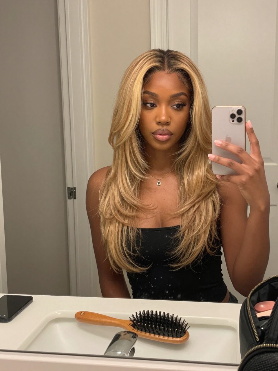 Photo of a black woman wearing cool dirty blonde layers with soft movement, candid mirror selfie, bathroom vanity mirror setting, soft indoor lighting, with a blowout brush on the counter and a makeup bag nearby, latest iPhone photo quality.