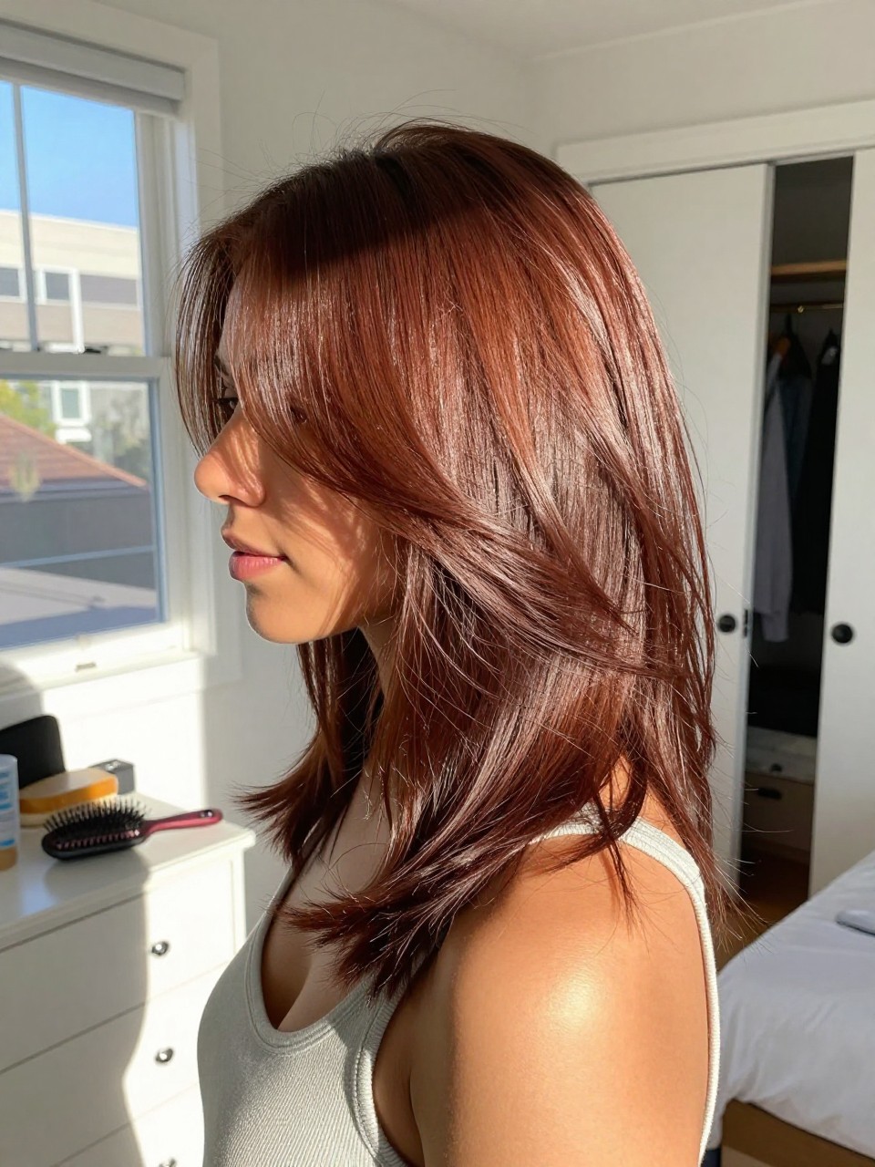 Photo of a brown woman wearing cherry mahogany brown hair with soft face-framing layers, side profile view, sun-drenched bedroom setting, natural window light, with a blowout brush on the dresser and a slightly open closet behind, latest iPhone photo quality.