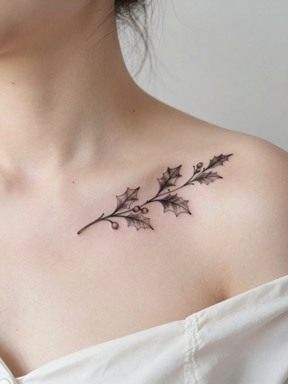 Image Prompt: "Close-up of two tiny holly sprig tattoos along the collarbone, black ink fine line leaf design with soft berry details and light shading, realistic skin texture, silk blouse neckline barely visible, feminine clean composition, close-up tattoo visibility, soft minimal background, tattoo is the clear main subject (no watermarks on images)"