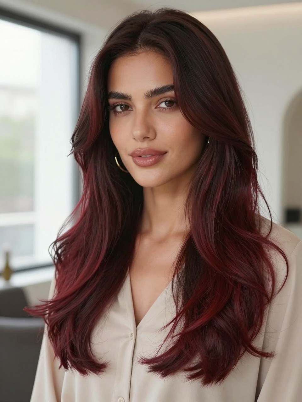 Image Prompt: A beautiful woman with long dark brown hair and mahogany brown balayage, deep brunette roots with hand-painted mahogany red-brown pieces through the mid-lengths and ends, soft loose waves, warm medium skin tone, natural glam makeup, glossy lips, gold earrings, beige blouse, modern indoor background, soft window light, realistic beauty editorial portrait, smooth blended mahogany color placement, no text, (no watermarks on images)