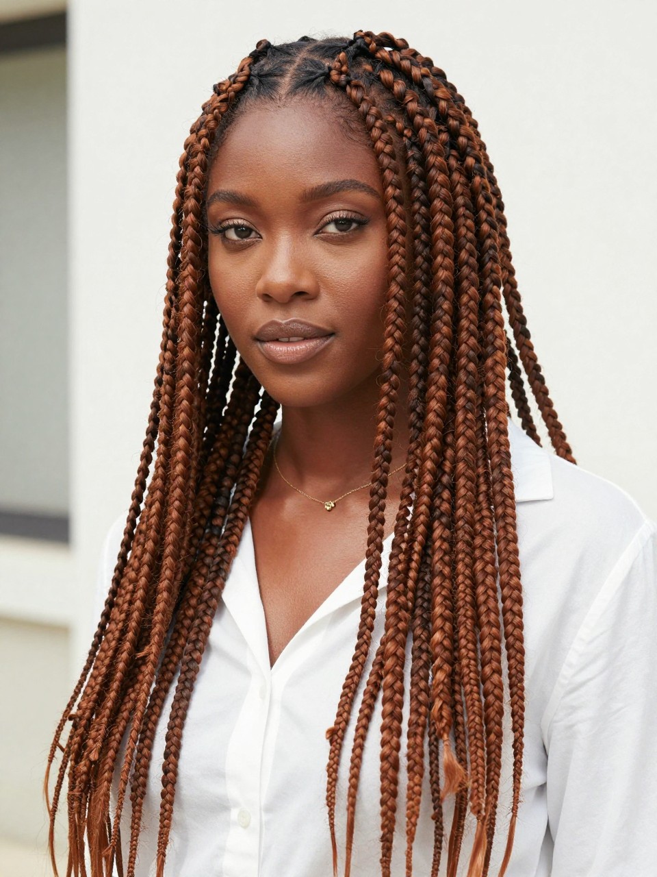 Image Prompt: A gorgeous Black woman with extra-long cinnamon knotless braids, soft natural-looking roots, clean scalp parts, sleek smooth braids, warm cinnamon brown tone, deep brown skin, soft glam makeup, delicate gold jewelry, white blouse, bright natural daylight, clean outdoor background, editorial beauty portrait, realistic DSLR photo, detailed braid texture, no text, (no watermarks on images)
