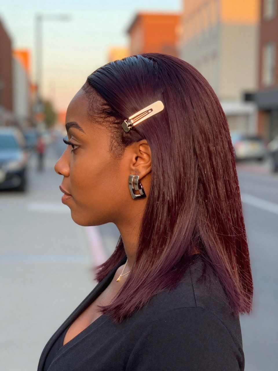 Photo of a black woman wearing deep cherry espresso hair styled sleek and straight, side profile view, softly blurred city street background, golden hour glow, with a hair clip clipped to her collar and statement earrings peeking through, latest iPhone photo quality.