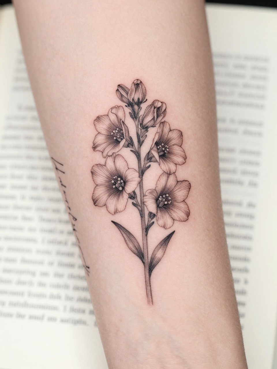 Image Prompt: "Extreme close-up of a larkspur flower tattoo with tiny handwritten name script on the inner forearm, black ink fine line floral design, delicate petals, soft shading, elegant cursive detail, realistic skin texture, book page underneath the arm, feminine soft lifestyle context, clean background, tattoo-centered inspiration photo (no watermarks on images)
