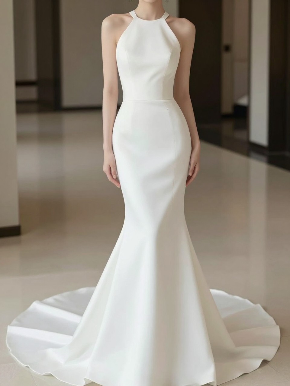 Image Prompt: A high-fashion bridal editorial image of a halter neck mermaid wedding dress in a polished indoor venue or luxury bridal studio. Show the bride from the shoulders down or from behind with the face fully hidden. The gown has a fitted halter bodice, defined waist, sculpted mermaid silhouette, and a soft flared hem with a graceful train. Use flattering natural light, realistic fabric texture, elegant bridal magazine styling, no visible face, no text, no watermark. (no watermarks on images)