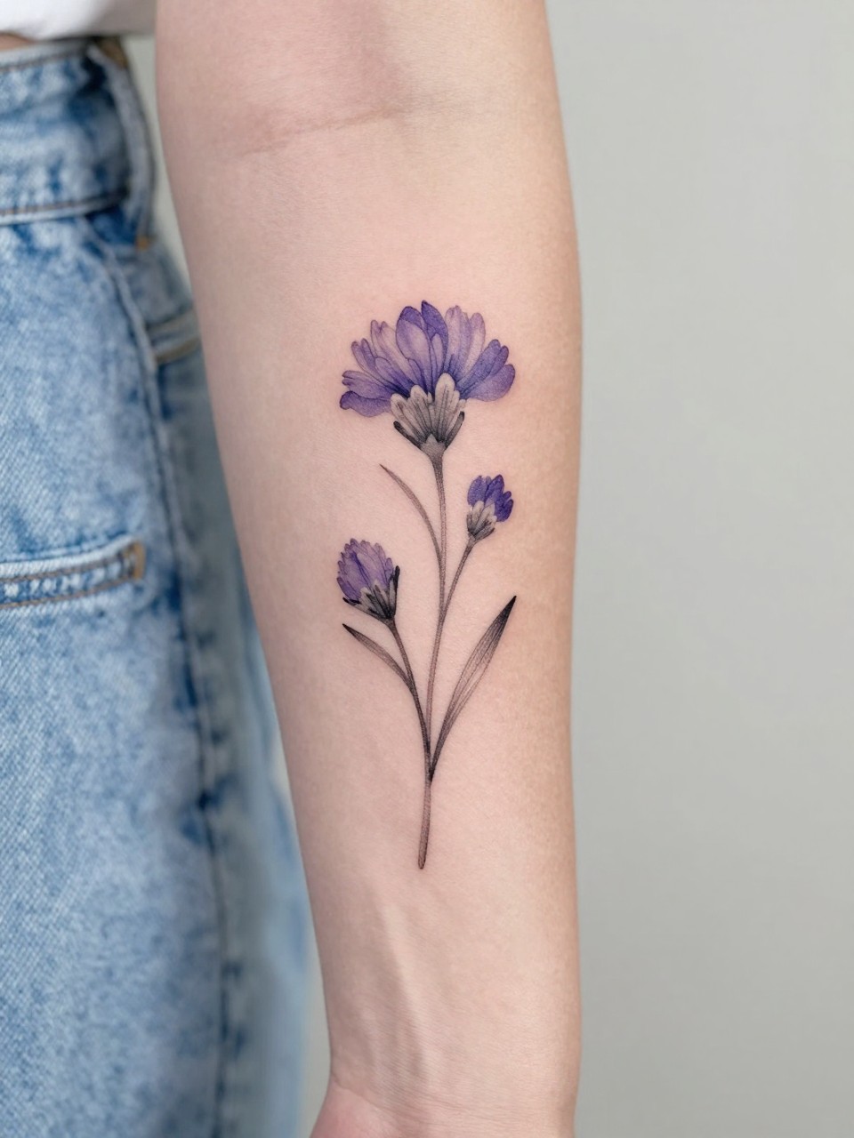 Image Prompt: "Close-up of a single violet stem tattoo on the forearm, black ink fine line floral design with rounded bloom, slender stem, soft grey shading, realistic skin texture, light denim sleeve softly blurred near the edge, design-first composition, feminine modern tattoo inspiration photo, minimal background (no watermarks on images)"