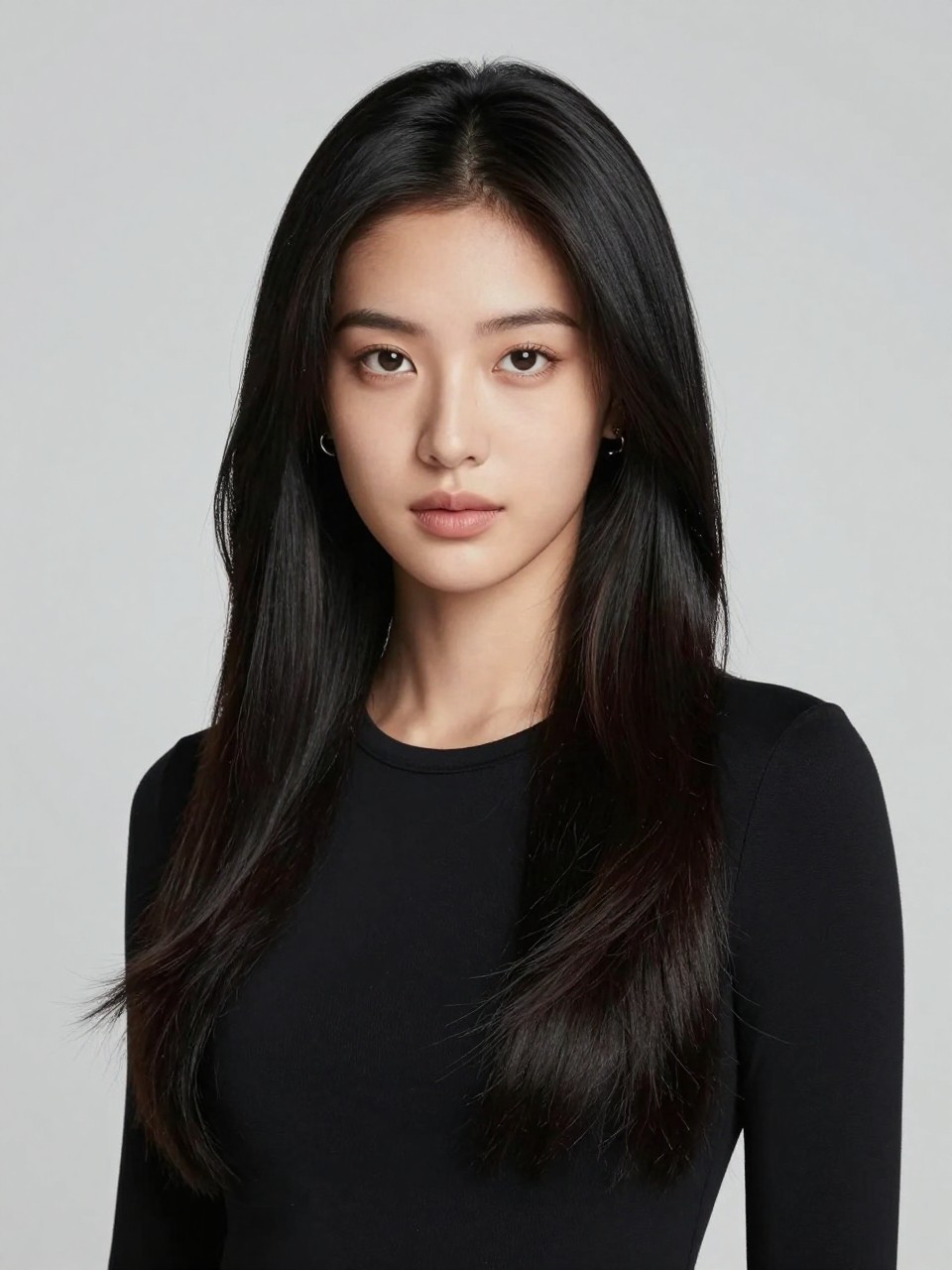Image Prompt: A beautiful woman with neutral skin tone and long soft black hair, natural black shade with subtle brown undertones, sleek straight texture, center part, smooth glossy finish, soft matte makeup, nude lips, small silver earrings, fitted black top, clean modern studio background, soft balanced lighting, realistic DSLR beauty portrait, detailed smooth dark hair shine, no text, (no watermarks on images)
