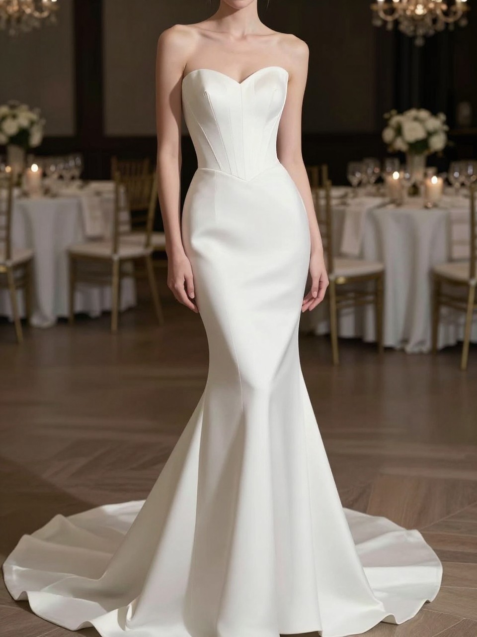Image Prompt: A high-end bridal editorial image of a drop waist corset mermaid wedding dress in an elegant reception venue or luxury bridal studio. Show the bride cropped from the neck down or from a rear three-quarter angle so the face is fully hidden. The gown has a structured corset bodice, elongated dropped waistline, fitted hips, mermaid flare, and a soft train. Use soft directional light, realistic fabric texture, polished fashion magazine bridal styling, no visible face, no text, no watermark. (no watermarks on images)