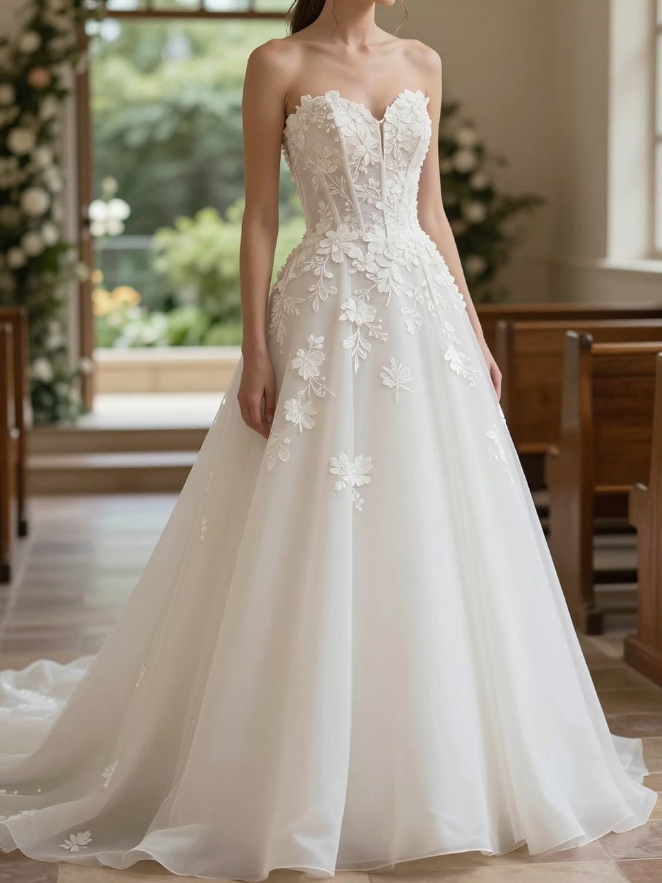 Image Prompt: A romantic bridal editorial photo of a floral appliqué drop waist corset wedding dress in a garden chapel or soft indoor wedding venue. Show the bride from the neck down only, or from a side-back angle with the face hidden. The gown has a structured corset bodice, lowered waistline, delicate floral appliqué trailing from the bodice into the skirt, and a soft flowing train. Use natural daylight, realistic appliqué texture, graceful bridal styling, luxury editorial photography, no visible face, no text, no watermark. (no watermarks on images)