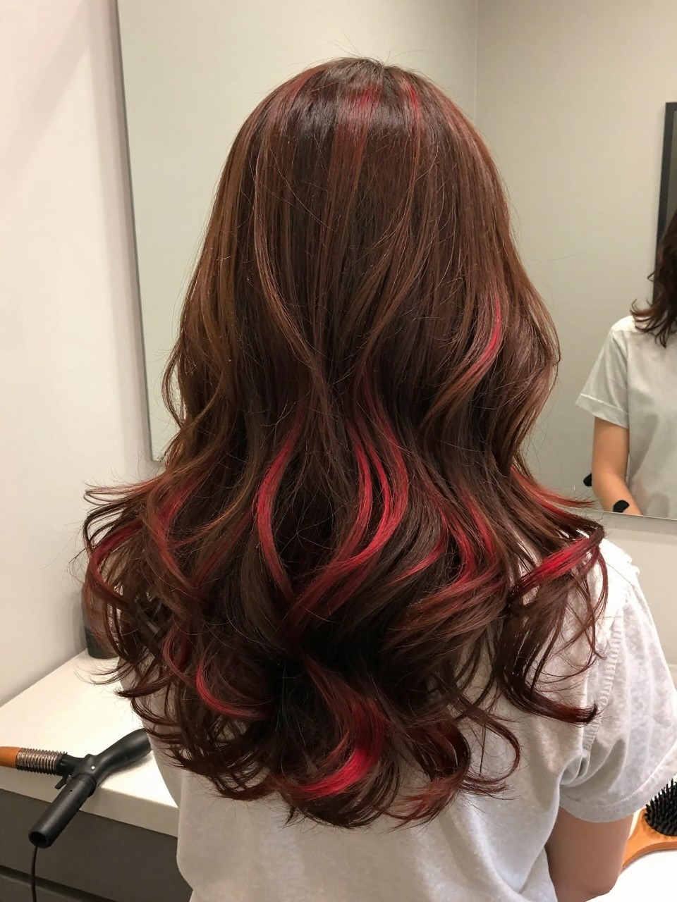 Photo of a BROWN woman wearing brown hair with cherry red highlights in soft loose waves, back-of-head view to highlight the red pieces, bathroom vanity mirror setting, soft indoor lighting, with a curling wand on the counter and a hairbrush nearby, latest iPhone photo quality.