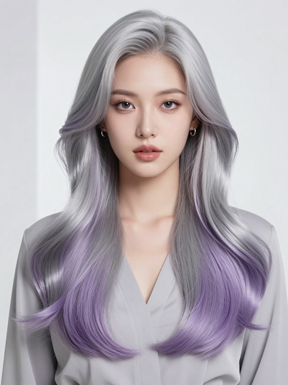 Image Prompt: A chic woman with long silver and lavender pinwheel hair color, icy silver base with curved lavender panels placed through the front, crown, and lower layers, smooth glossy waves, cool-toned makeup, glossy nude lips, small silver earrings, pale gray blouse, bright modern studio background, soft cool lighting, realistic DSLR beauty editorial portrait, detailed silver-lavender color pattern and sleek shine, no text, (no watermarks on images)