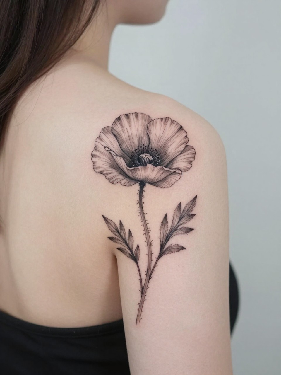 Image Prompt: "Design-focused close-up of a blooming poppy tattoo on the shoulder blade, black ink fine line floral style with soft grey shading, elegant stem and open petals, realistic skin texture, hair loosely pinned up, clean feminine styling, soft minimal background, tattoo fills most of the frame (no watermarks on images)"