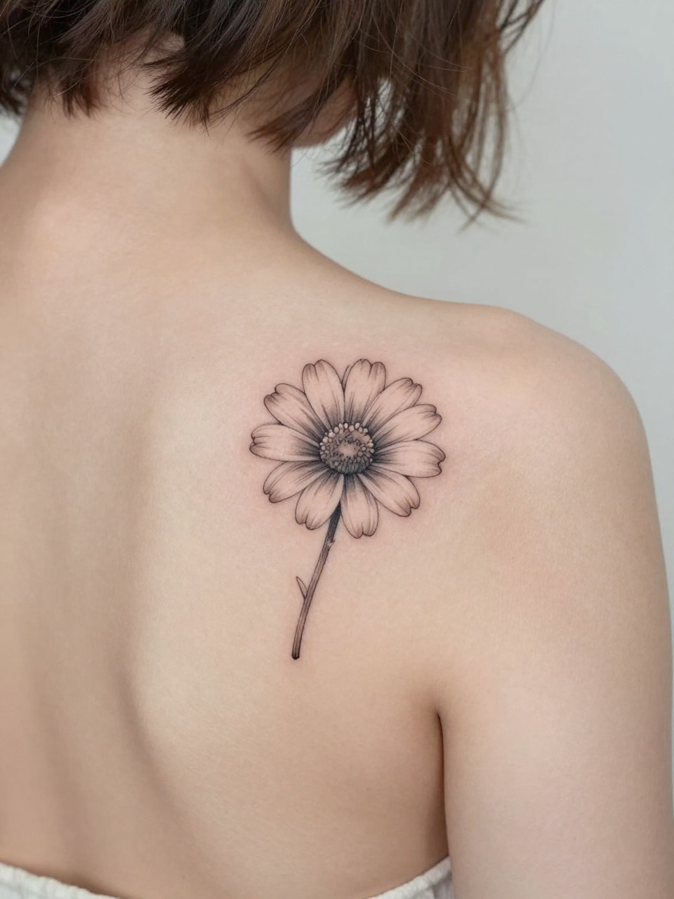 Image Prompt: "Macro shot of a small daisy flower tattoo on the upper back near the shoulder, black ink fine line floral design with open petals and soft shading, realistic skin texture, hair loosely tied up, tight crop, feminine tattoo inspiration image, clean minimal background, tattoo-centered composition (no watermarks on images)"