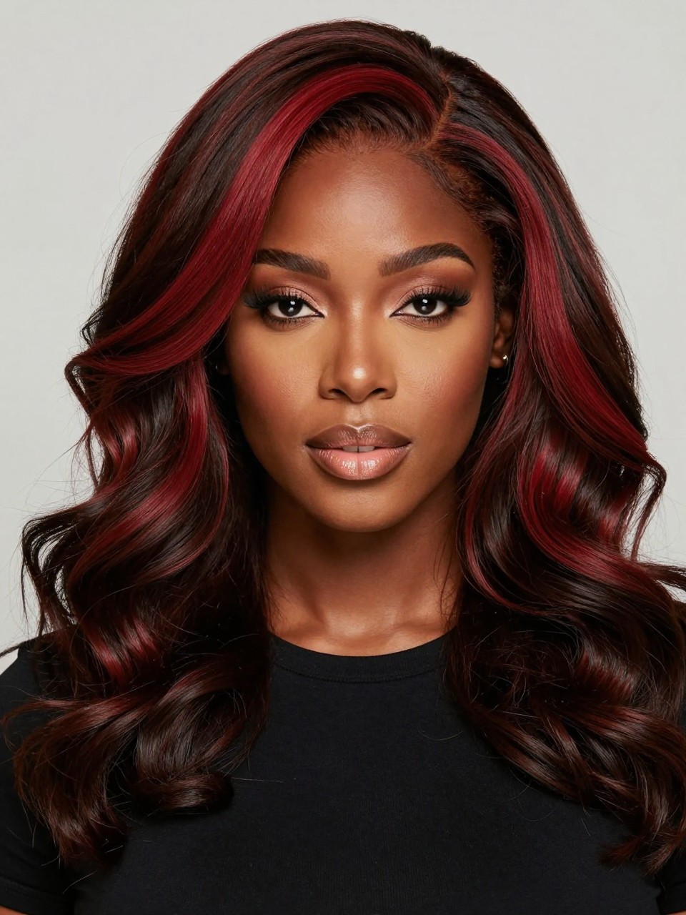 Image Prompt: A stylish Black woman with dark wavy hair and bold reddish brown money piece highlights framing the face, dark chocolate brown base, bright warm red-brown front sections, glossy loose waves, warm deep skin tone, glossy nude lips, subtle bronzed makeup, black fitted top, studio portrait with clean neutral background, soft lighting, realistic DSLR beauty photo, close-up focus on facial framing color, no text, (no watermarks on images)