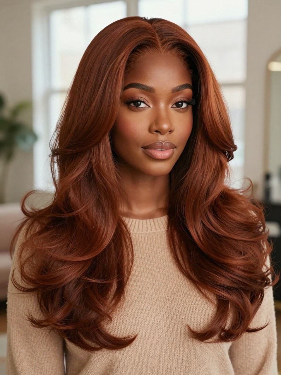 Image Prompt: A beautiful Black woman with long layered hair colored dark ginger brown, soft feathered layers and loose curls at the ends, rich warm tone between brown and ginger, deep brown skin, soft matte makeup with peach blush, beige knit top, cozy upscale indoor background, natural-looking window light, beauty portrait, realistic DSLR editorial image, detailed hair color dimension, no text, (no watermarks on images)