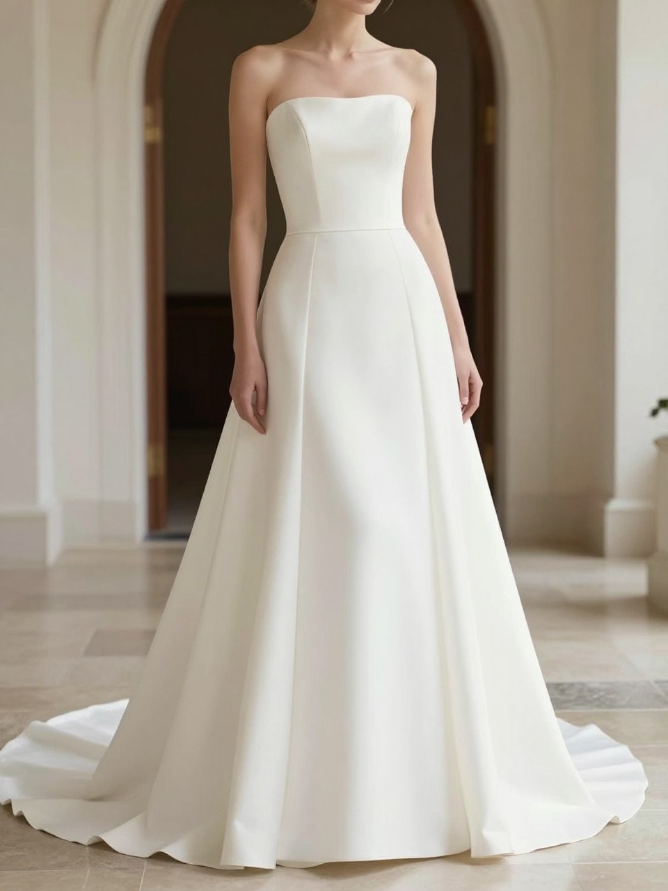 Image Prompt: A luxury bridal editorial photo of a simple A-line wedding dress in a clean bridal studio or bright chapel entrance. Show the bride from the shoulders down or from a side-back angle with the face not visible. The gown has a fitted bodice, natural waist, smooth A-line skirt, and a clean modest finish. Use soft daylight, realistic fabric drape, elegant styling, premium wedding magazine composition, no visible face, no text, no watermark. (no watermarks on images)