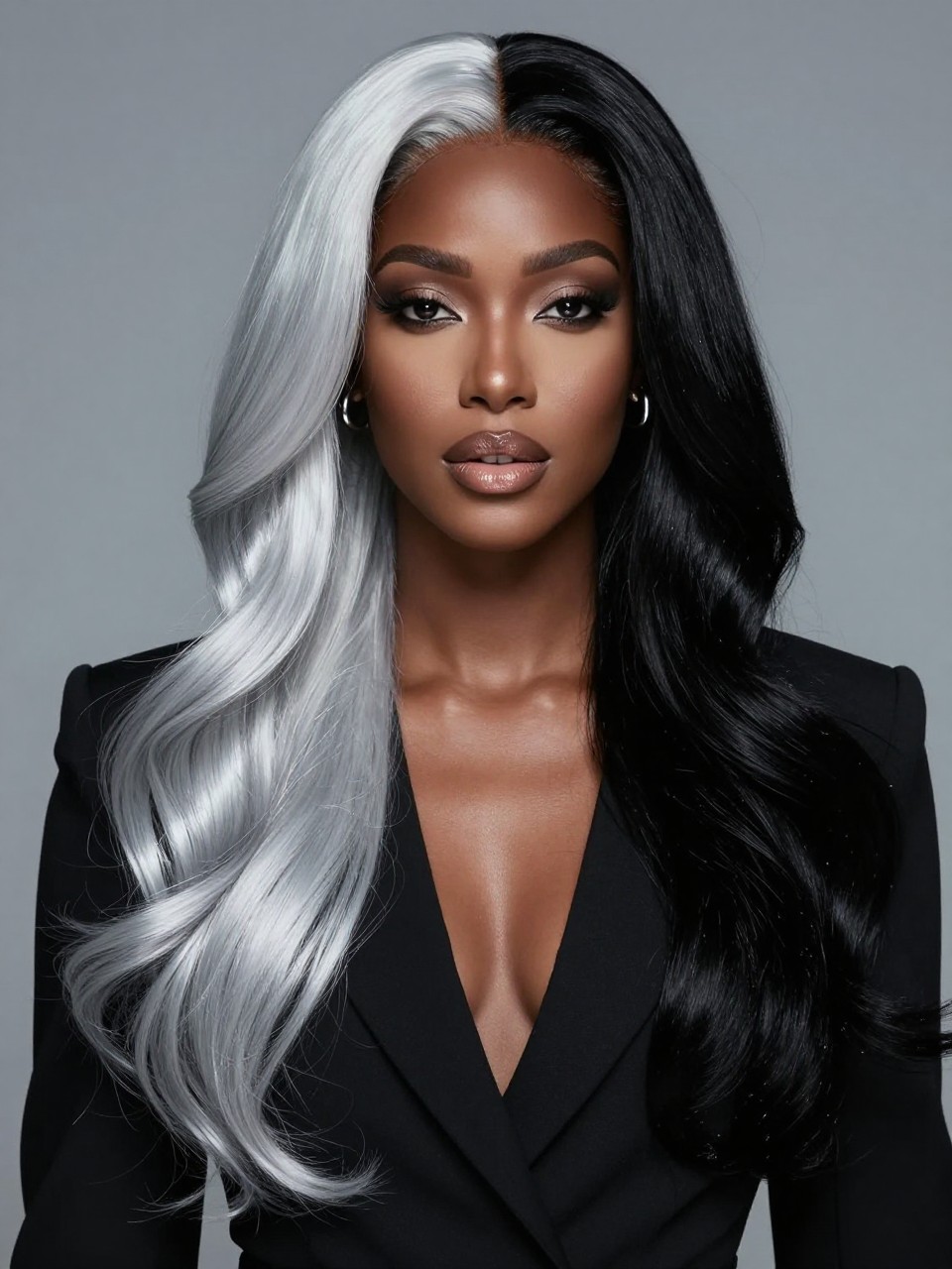 Image Prompt: A striking black woman with long two tone split hair color, one side glossy black and the other side icy white silver, clean center part, smooth loose waves, medium skin tone, soft matte makeup, glossy nude lips, silver earrings, black outfit, minimal studio background, soft cool lighting, realistic DSLR beauty editorial portrait, detailed dramatic black-and-silver contrast and sleek shine, no text, (no watermarks on images)