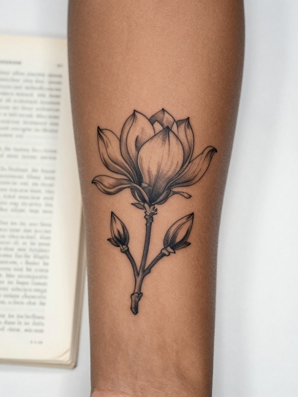 Image Prompt: "Close-up of a magnolia flower tattoo with tiny handwritten name script on the inner forearm of a black woman, black ink fine line floral design, delicate broad petals, soft shading, elegant cursive detail, realistic skin texture, book page underneath the arm, feminine soft lifestyle context, clean background, tattoo-centered inspiration photo (no watermarks on images)"