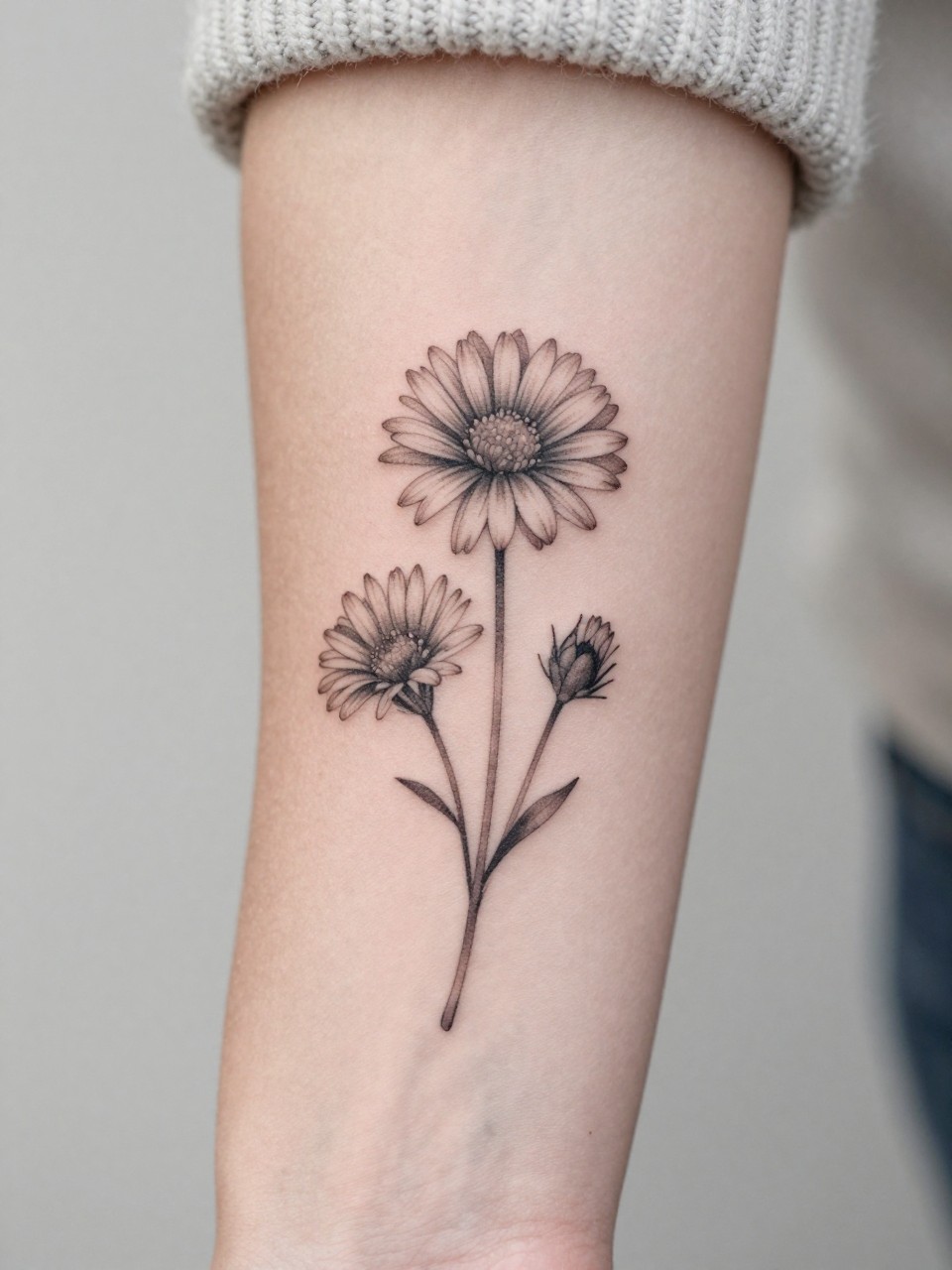 Image Prompt: "Extreme close-up of a fine line September birth flower aster tattoo on the forearm, delicate black ink floral design with narrow layered petals, subtle grey shading, realistic skin texture, neutral manicure, soft knit sleeve slightly visible, design-focused close-up, feminine modern tattoo inspiration photo, minimal soft background, tattoo is the clear main subject (no watermarks on images)"
