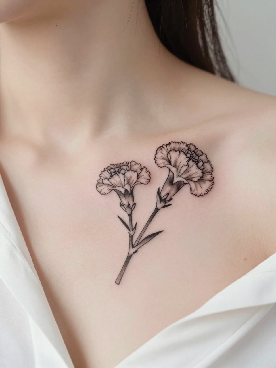 Image Prompt: "Close-up of two tiny carnation tattoos along the collarbone, black ink fine line floral design with soft layered petals and light shading, realistic skin texture, silk blouse neckline barely visible, feminine clean composition, close-up tattoo visibility, soft minimal background, tattoo is the clear main subject (no watermarks on images)"