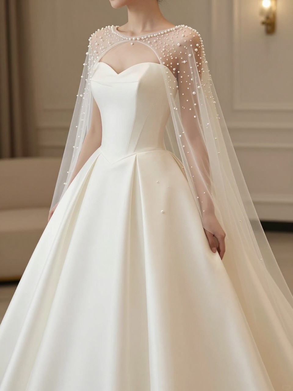 Image Prompt: A couture-style bridal editorial photo of a wedding dress with a structured corset bodice and a soft pearl-detailed cape, photographed in an elegant indoor venue or luxury bridal studio. Show the bride from the neck down only, or from a back-side angle so the face is fully hidden. The gown has a shaped corset bodice, subtle pearl embellishment, a flowing full-length skirt, and a sheer cape with delicate pearls scattered across it. Use soft warm lighting, realistic pearl and fabric texture, polished editorial composition, no visible face, no text, no watermark. (no watermarks on images)