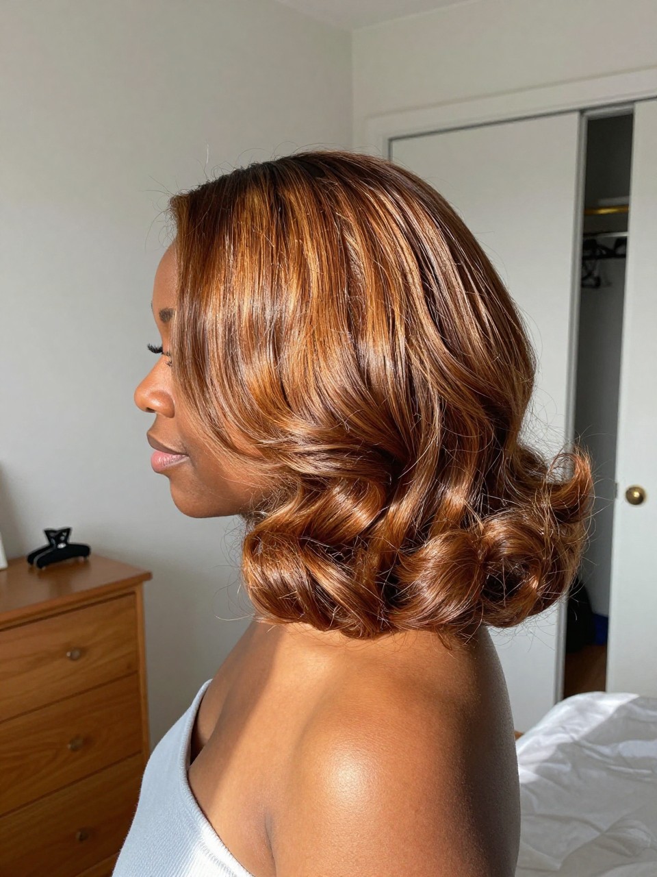 Photo of a black woman wearing warm honey brown brunette hair in a soft voluminous blowout, side profile view, sun-drenched bedroom setting, natural window light, with a claw clip on the dresser and a slightly open closet behind her, latest iPhone photo quality.