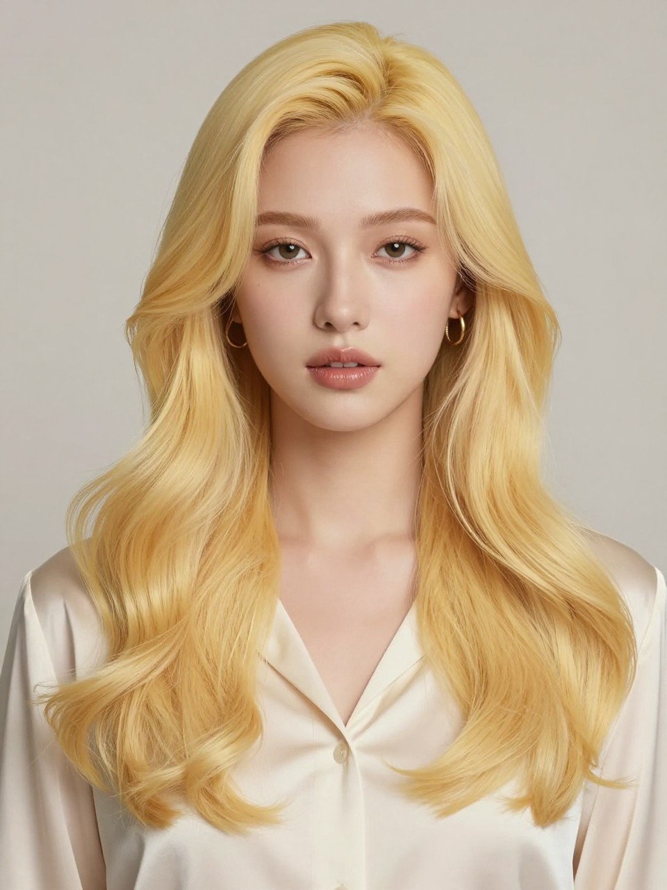 Image Prompt: A beautiful woman with long soft butter yellow hair, pale creamy yellow shade with a warm blonde base, center part, loose glossy waves, smooth healthy shine, soft natural makeup, glossy nude lips, small gold hoop earrings, cream satin blouse, clean neutral studio background, soft diffused lighting, realistic DSLR beauty editorial portrait, detailed yellow-blonde shine and smooth wave texture, no text, (no watermarks on images)