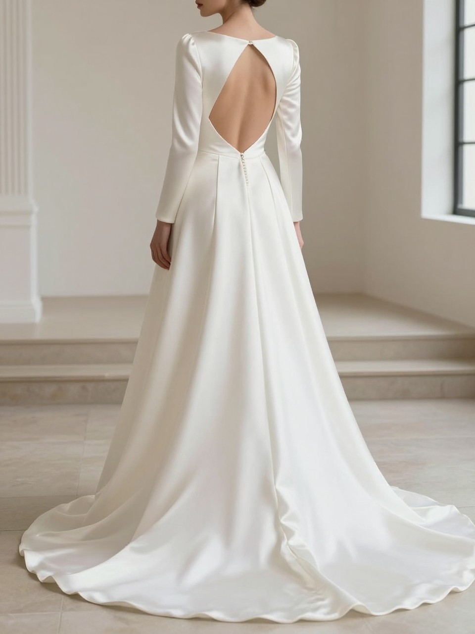 Image Prompt: A refined bridal editorial image of a long sleeve silk wedding dress with an open back, photographed in a bright chapel or elegant bridal suite. Show the bride from behind or from the shoulders down with the face fully hidden. The gown has smooth silk long sleeves, a modest front, a dramatic open back, and a soft flowing skirt with a graceful train. Use soft church light, realistic silk texture, polished editorial bridal photography, no visible face, no text, no watermark. (no watermarks on images)