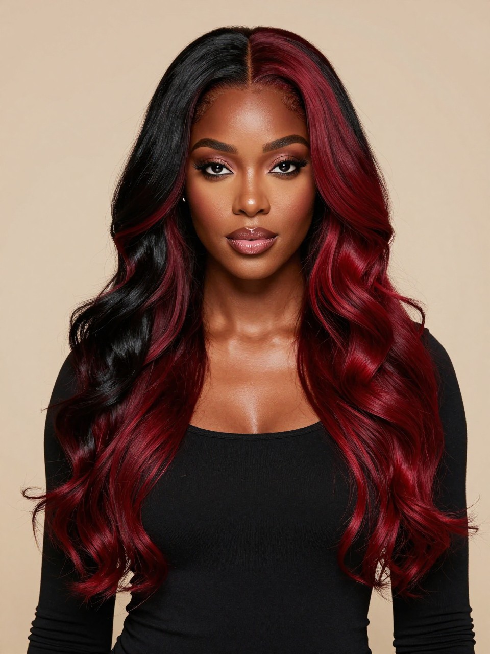 Image Prompt: A confident BLACK woman with long two tone split hair color, one side glossy jet black and the other side vivid cherry red, center part, loose voluminous waves, deep brown skin tone, berry lip gloss, soft glam makeup, black fitted top, studio background with warm lighting, realistic DSLR beauty editorial portrait, detailed red shine and high contrast split color, no text, (no watermarks on images)