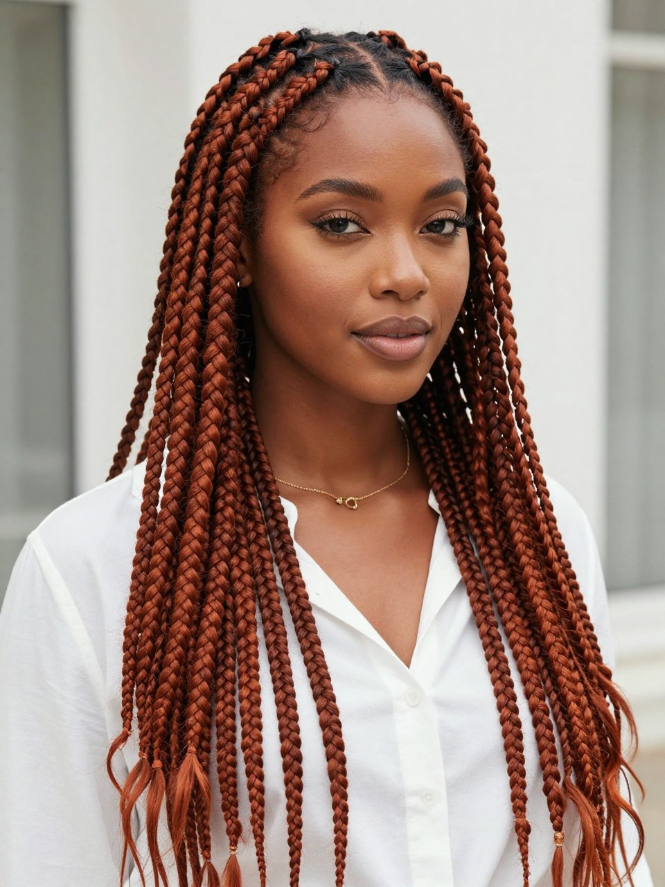 Image Prompt: A gorgeous Black woman with extra-long ginger knotless braids, lightweight natural-looking roots, precise parts, sleek braids flowing over the shoulders, deep brown skin, fresh soft glam makeup, delicate gold jewelry, white blouse, bright outdoor daylight, clean and airy background, realistic beauty editorial photo, detailed braid texture, polished finish, no text, (no watermarks on images)